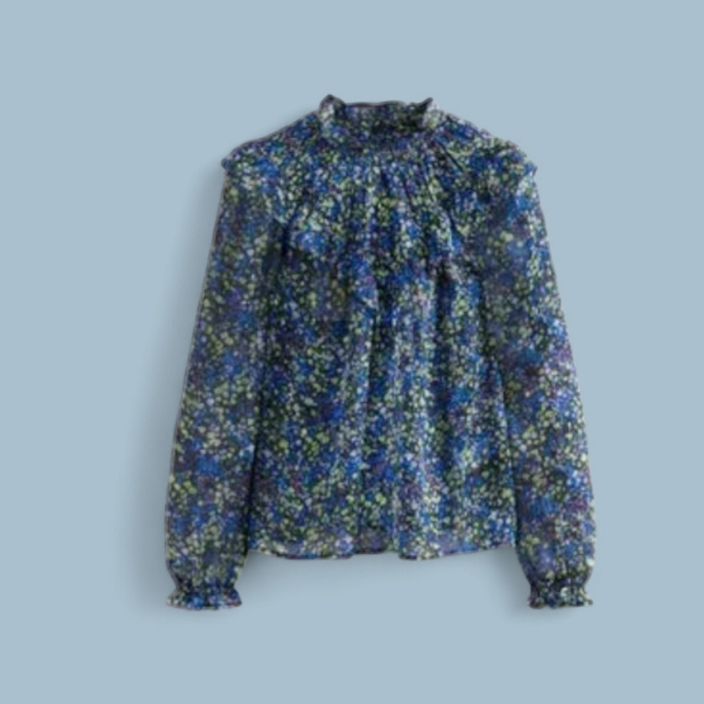 Boden V Yoke Flounce Sheer Floral Blouse Top Nebulas Blue Ruffle Size 4 - Picture 10 of 10